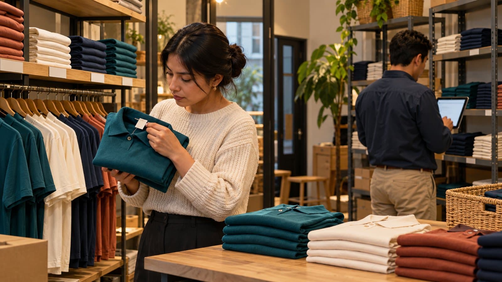 Dos personas verifican etiquetas y cuentan prendas en una tienda de ropa organizada por colores.