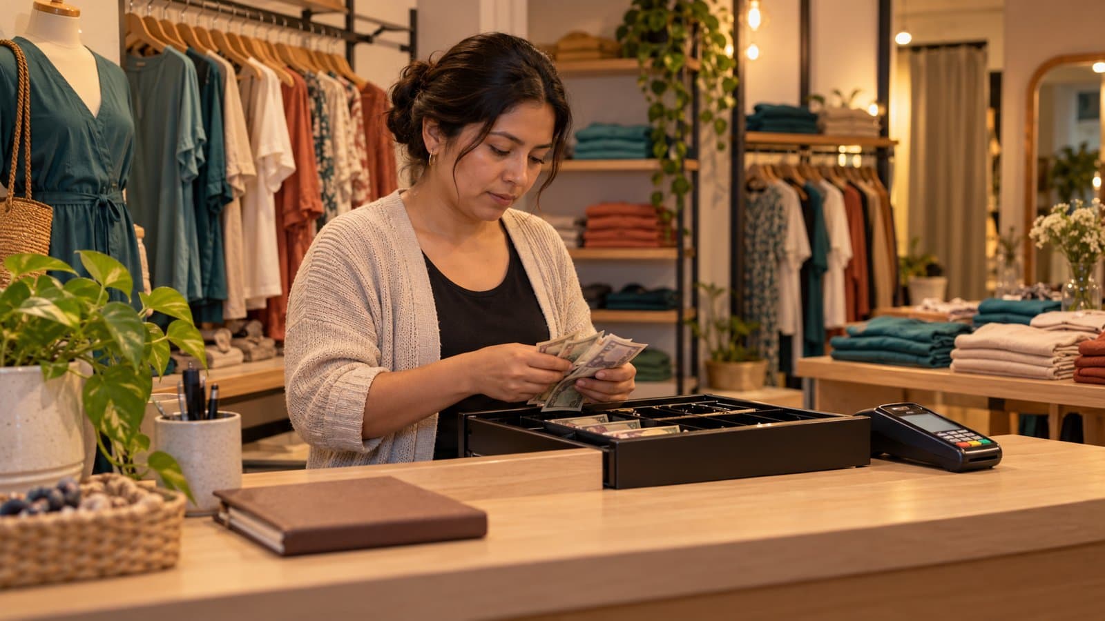 Encargada de una tienda de ropa revisando el efectivo y los registros de venta al cierre del turno.