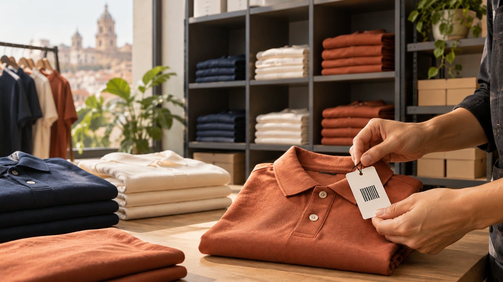 Manos colocando una etiqueta a un polo junto a prendas organizadas por color en una tienda