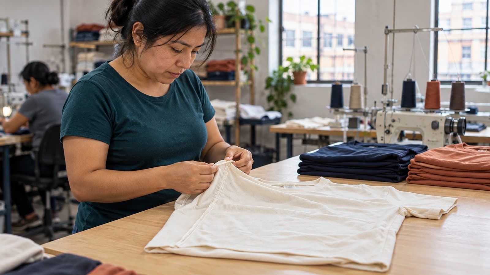 Inspectora revisando la costura interior de un polo en una mesa de taller de confección