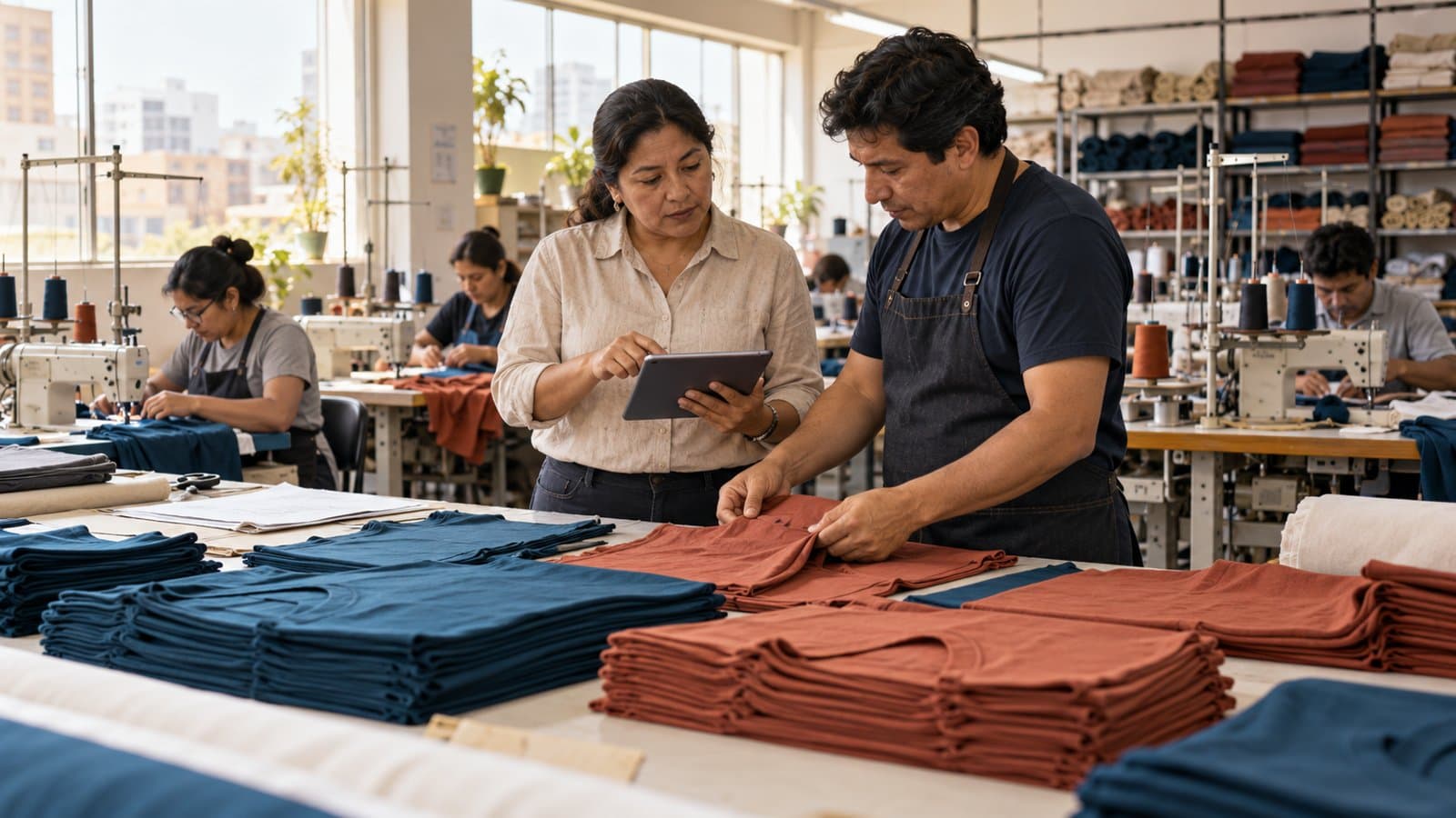 Supervisora y encargado revisan lotes de prendas en un taller de confección, con corte y costura al fondo.