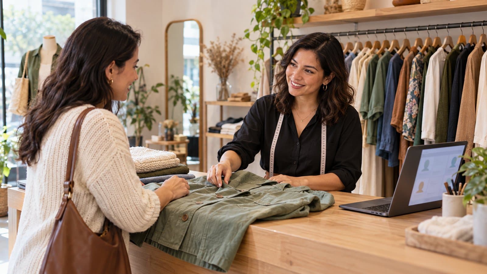 Dueña de una tienda de ropa atiende a una clienta con una chaqueta y un portátil sobre el mostrador
