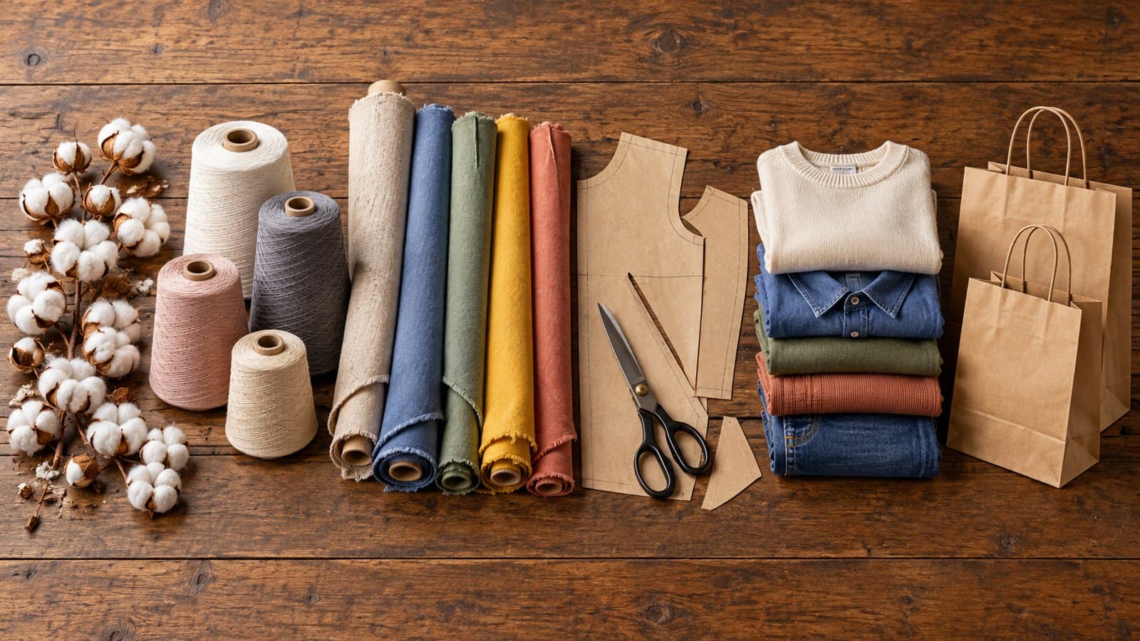 La cadena de la moda en una sola mesa: algodón, hilos, telas, prendas terminadas y bolsas de compra