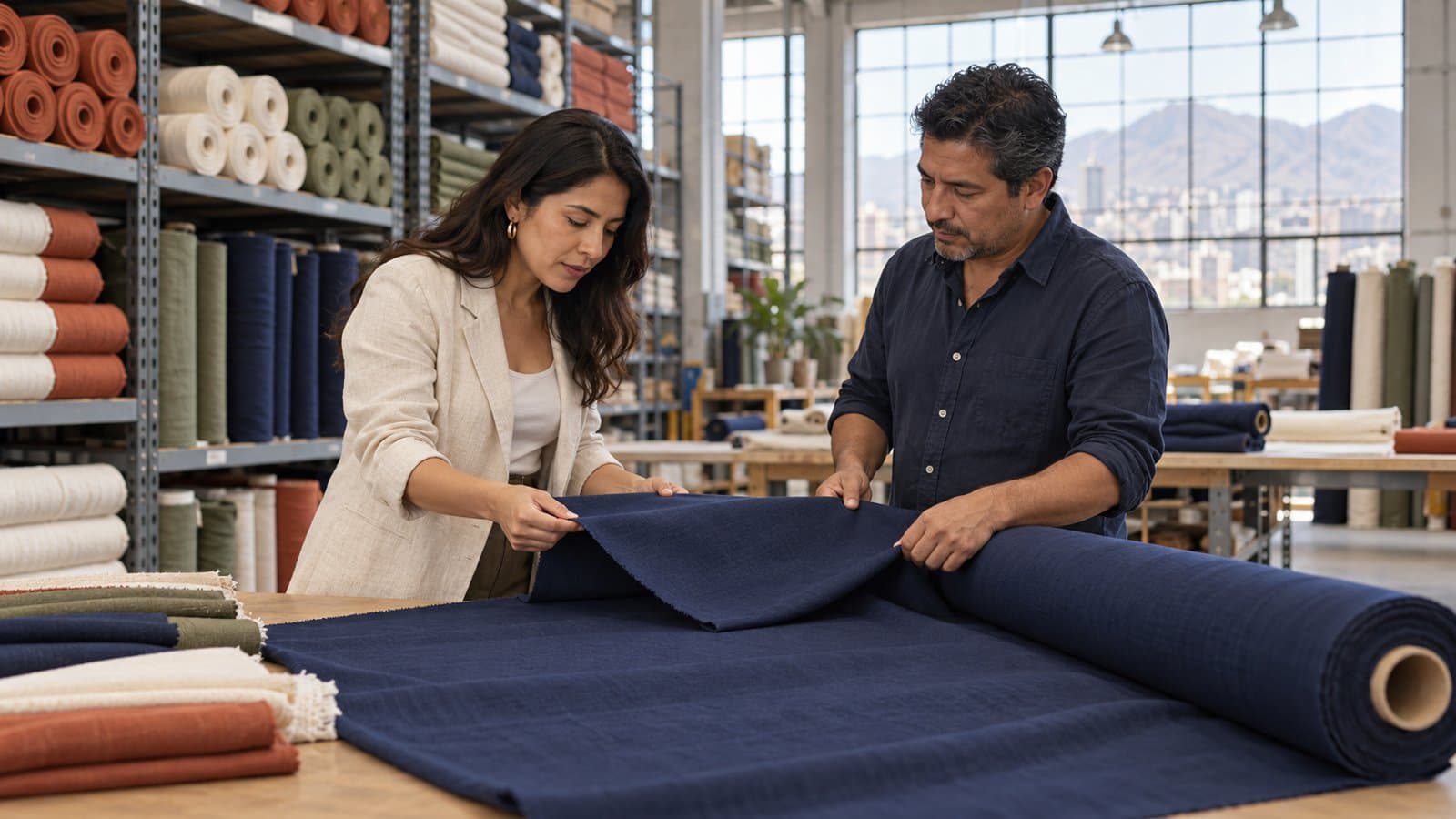 Emprendedora de moda y proveedor comparan una muestra azul con un rollo de tela en un almacén textil.