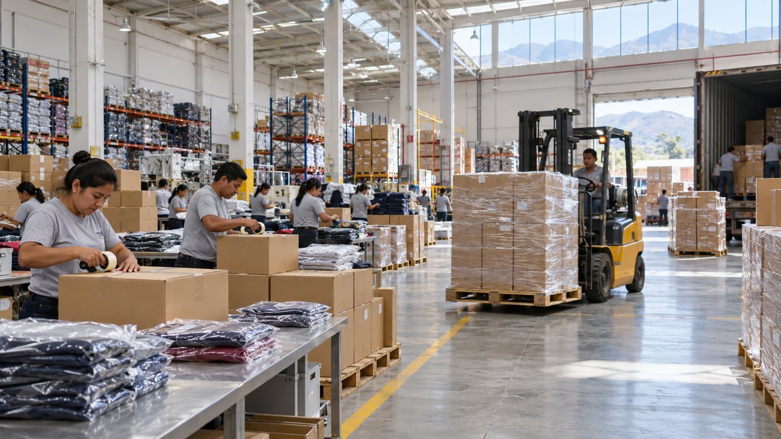 Área de despacho de una fábrica de confecciones con cajas de prendas listas para exportar