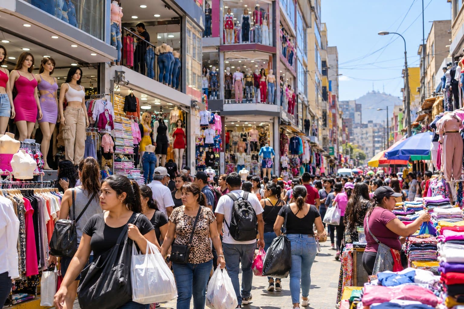 Calle comercial de un emporio textil de Lima con galerías de varios pisos y compradores con bolsas