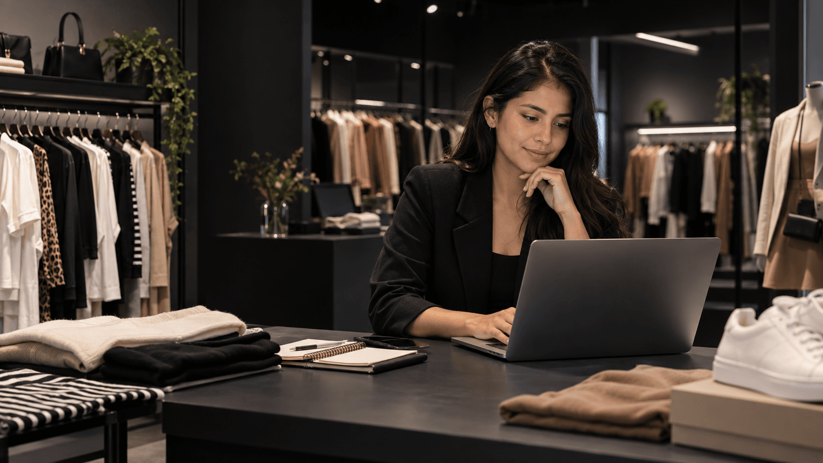 Encargada de una tienda de ropa peruana trabajando con laptop en un entorno de retail de moda.