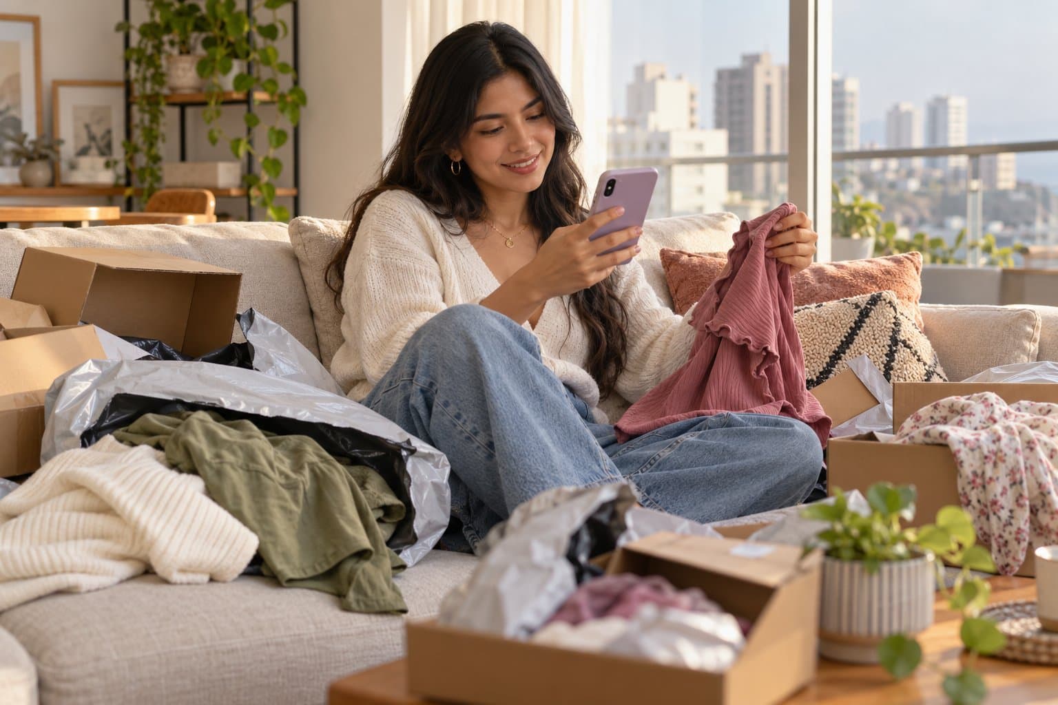 Joven en Lima compra ropa desde una app en su celular, rodeada de paquetes recién llegados