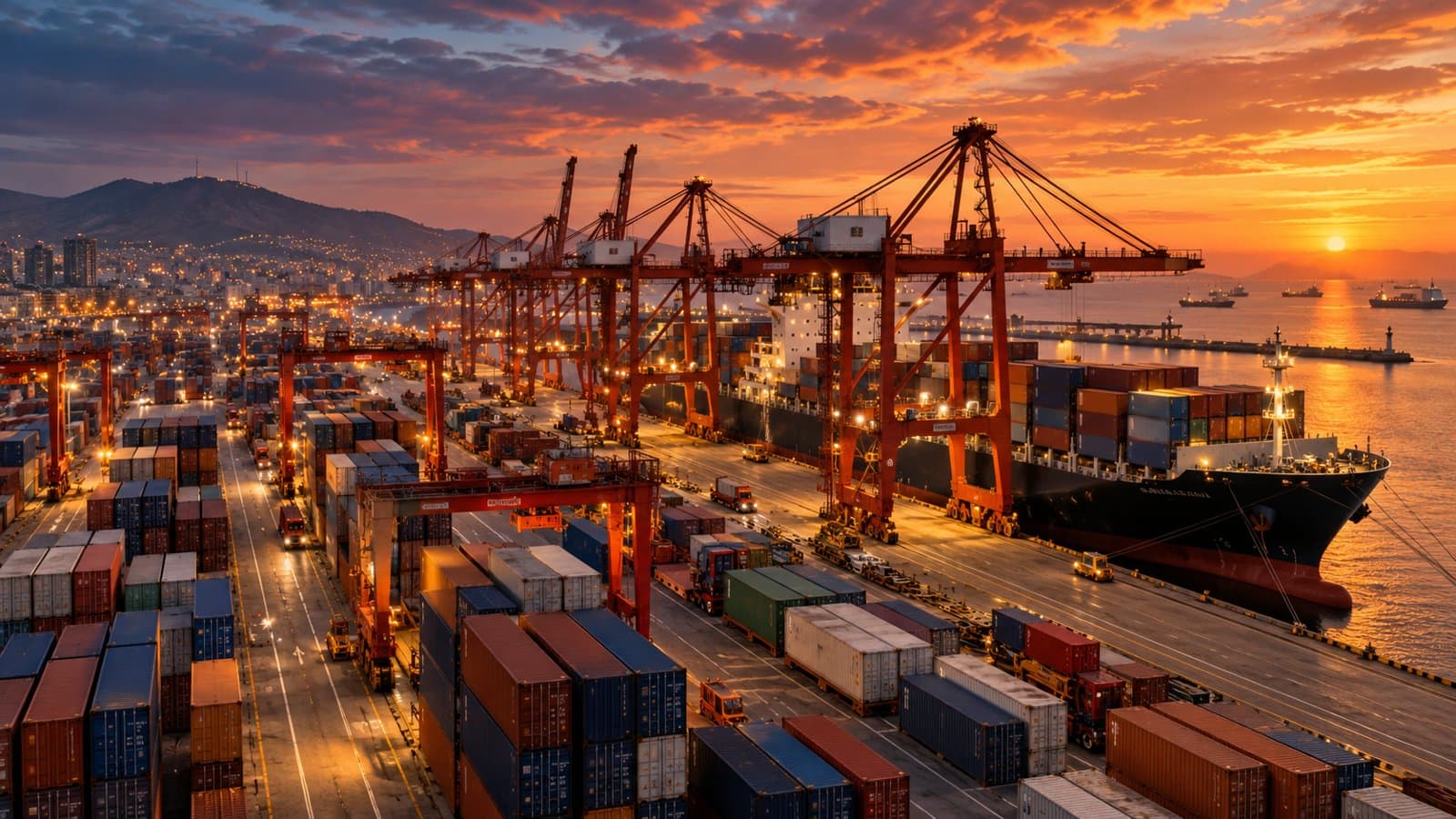 Contenedores apilados en el puerto del Callao con grúas al atardecer
